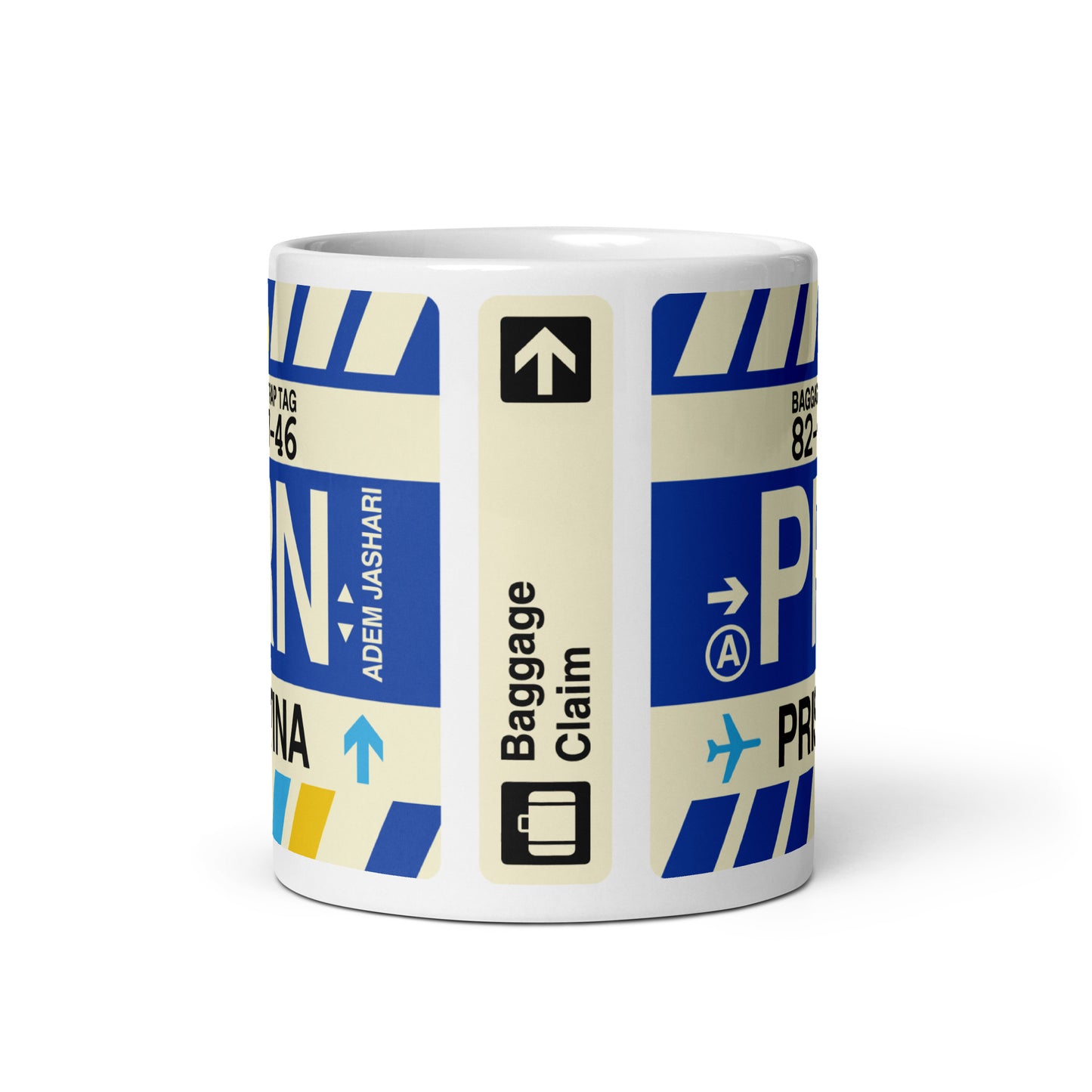PRN Pristina Coffee Mug • Jet Age Baggage Tag Design • YHM Designs - Image 03