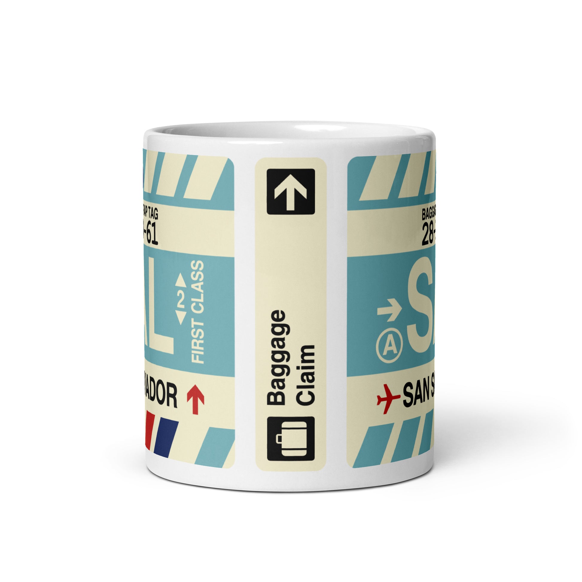 SAL San Salvador Coffee Mug • Jet Age Baggage Tag Design • YHM Designs - Image 03