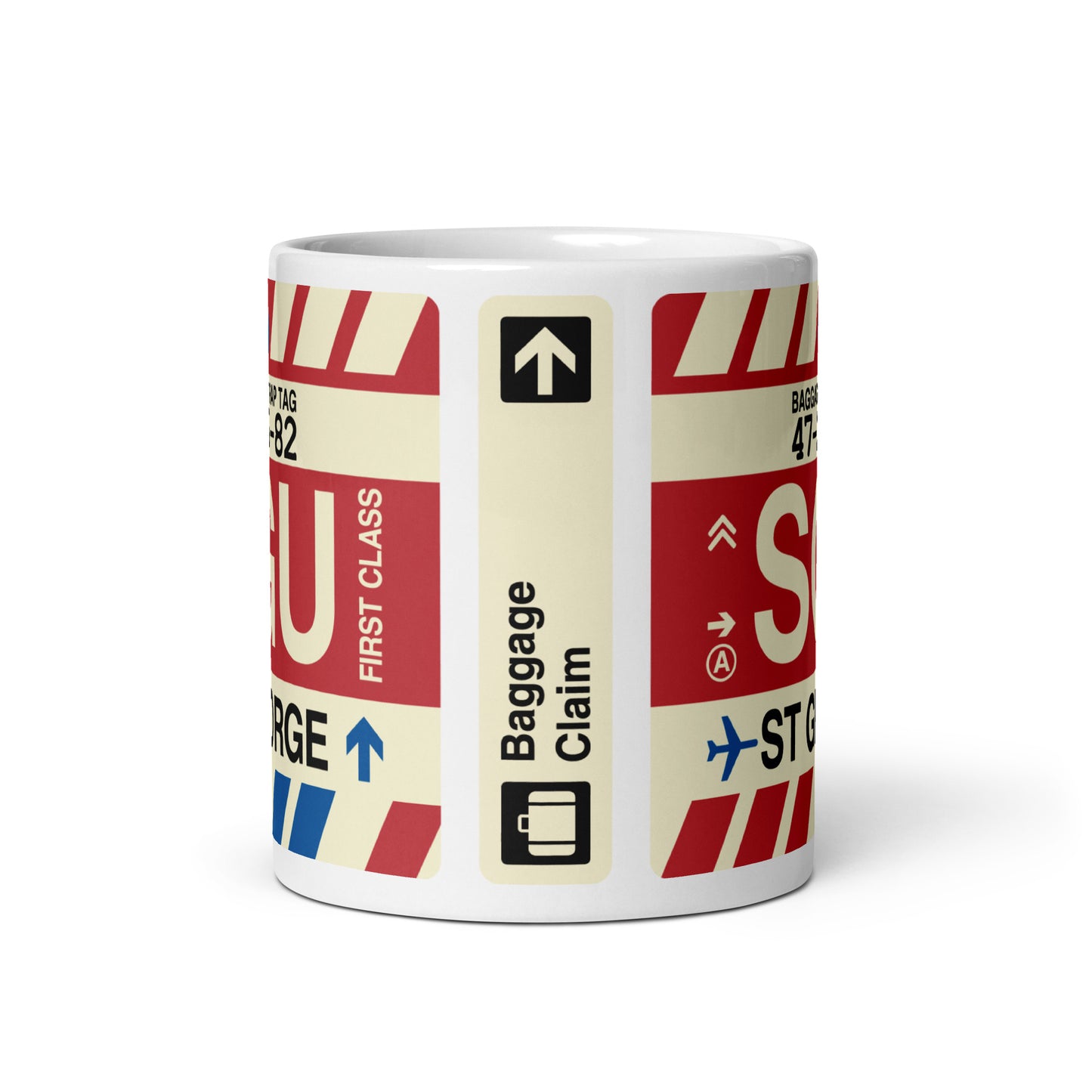 SGU St. George Coffee Mug • Jet Age Baggage Tag Design • YHM Designs - Image 03