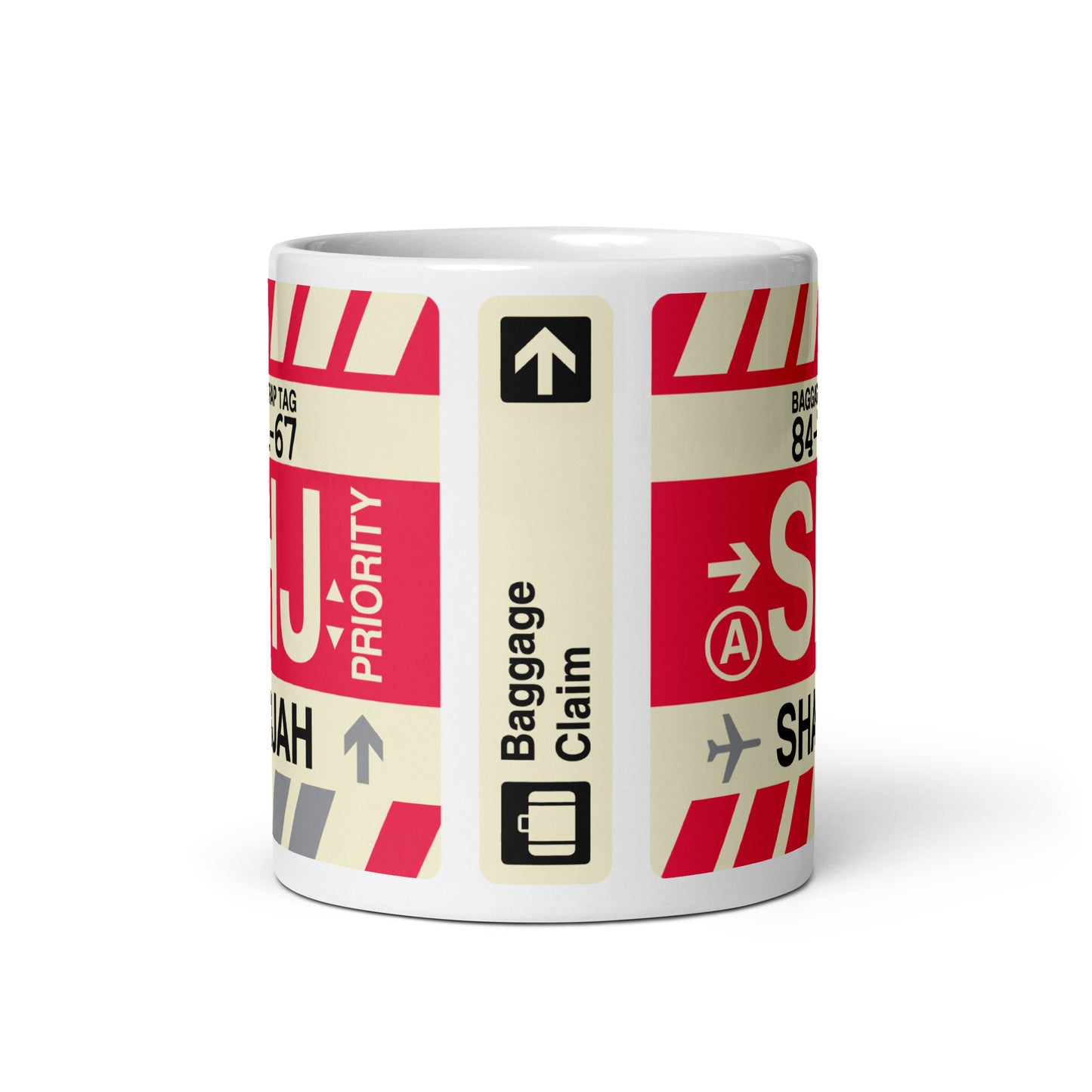 SHJ Sharjah Coffee Mug • Jet Age Baggage Tag Design • YHM Designs - Image 03