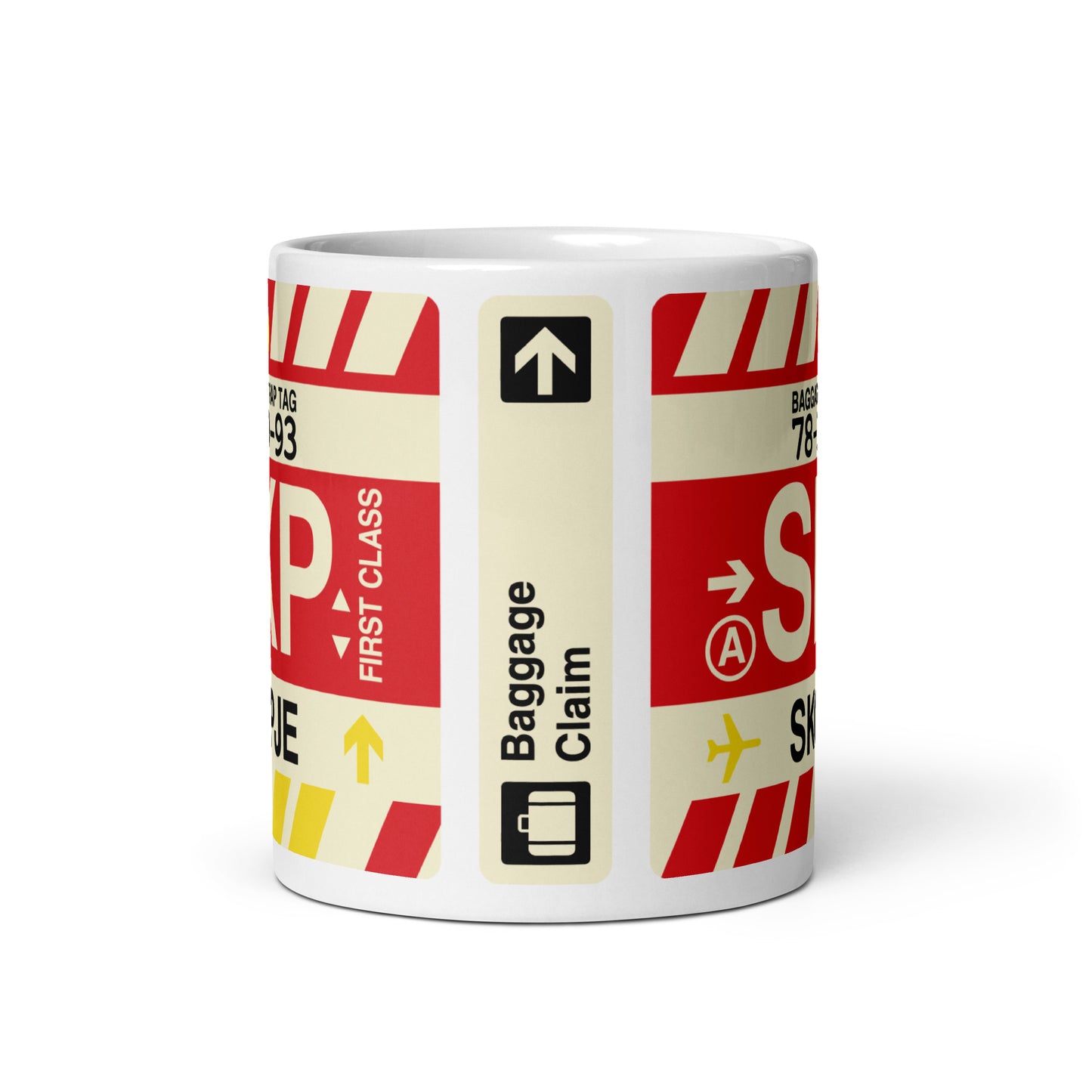 SKP Skopje Coffee Mug • Jet Age Baggage Tag Design • YHM Designs - Image 03