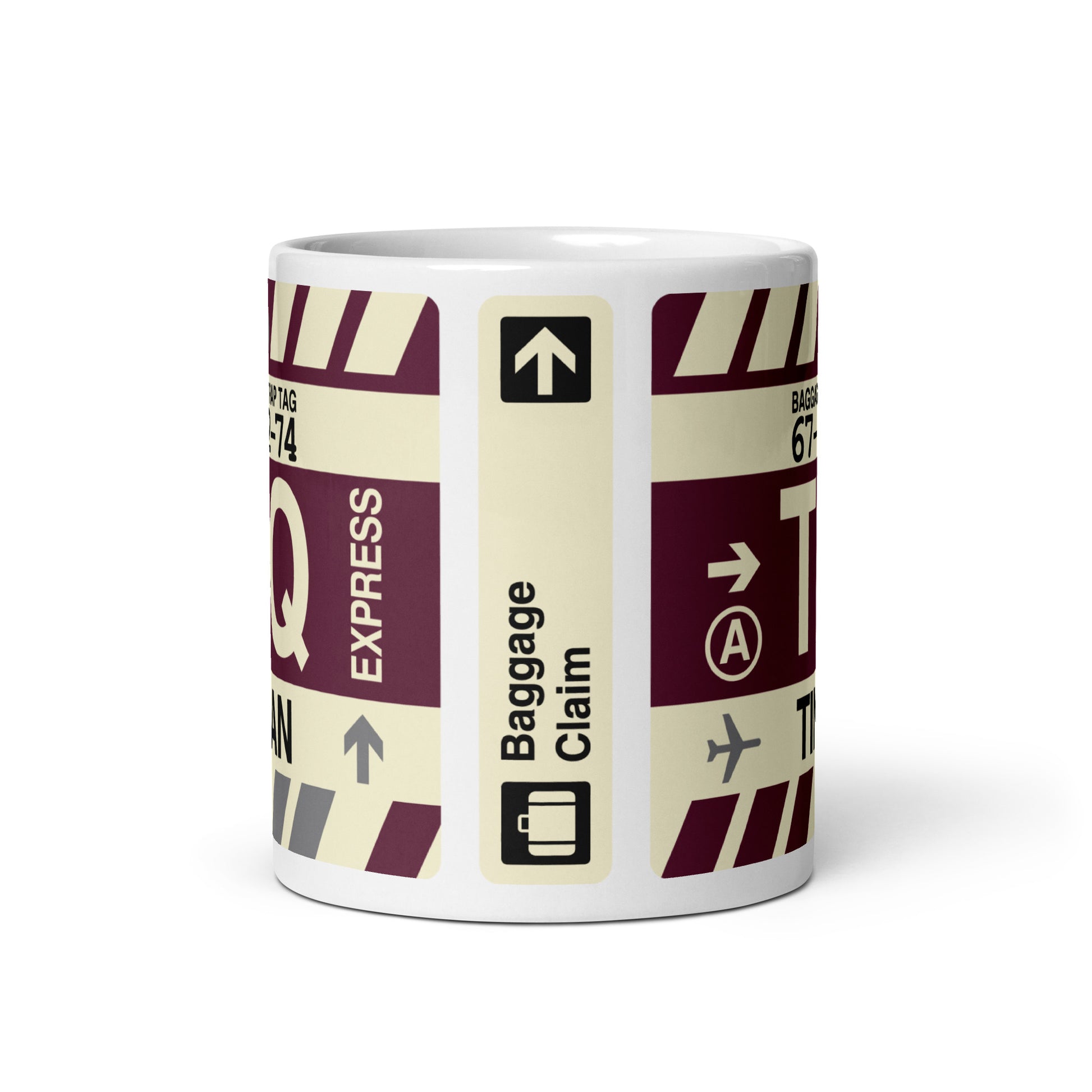 TIQ Tinian Coffee Mug • Jet Age Baggage Tag Design • YHM Designs - Image 03