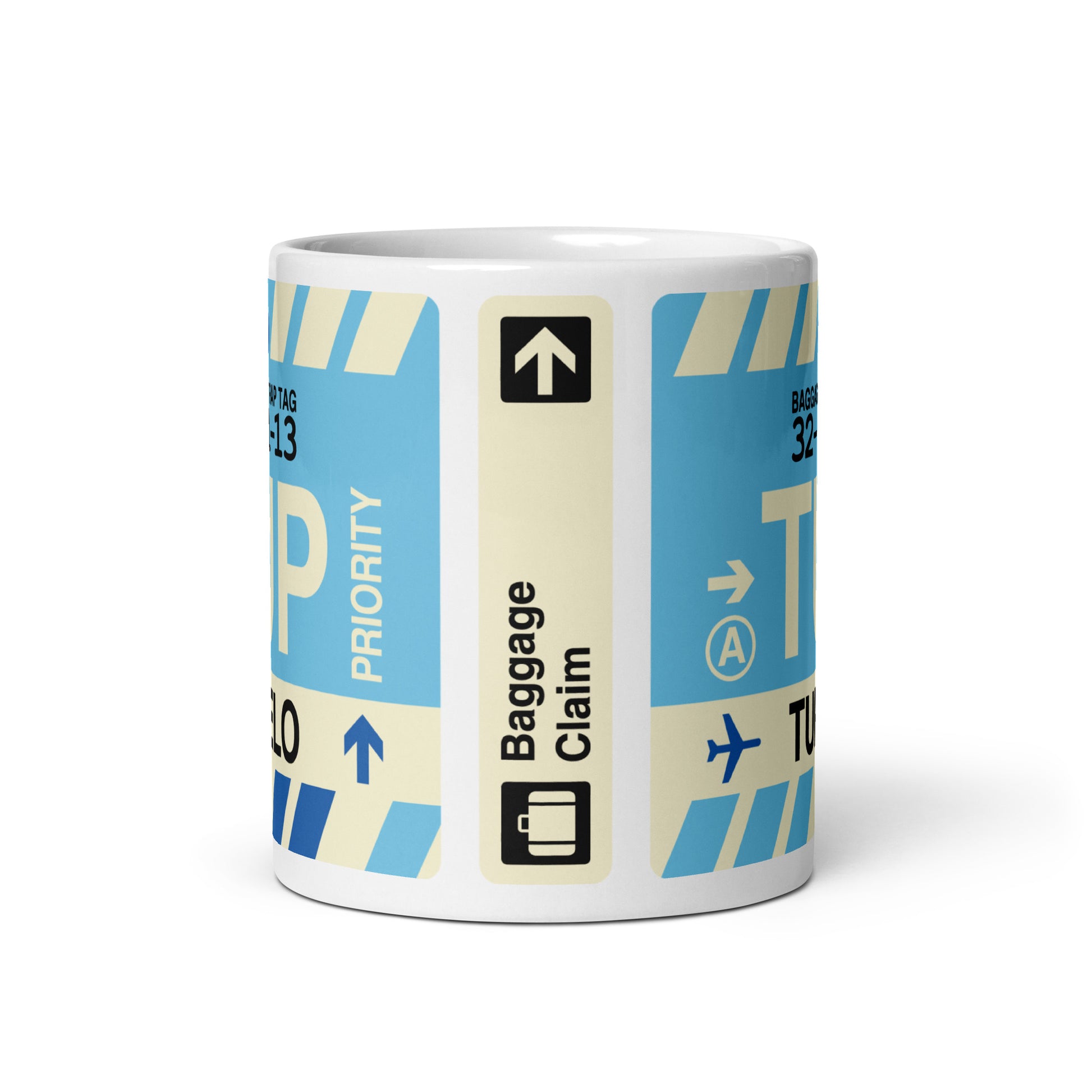 TUP Tupelo Coffee Mug • Jet Age Baggage Tag Design • YHM Designs - Image 03
