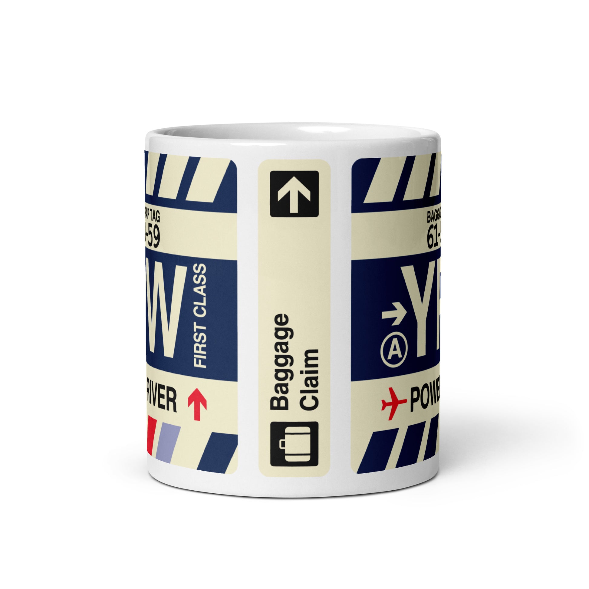 YPW Powell River Coffee Mug • Jet Age Baggage Tag Design • YHM Designs - Image 03