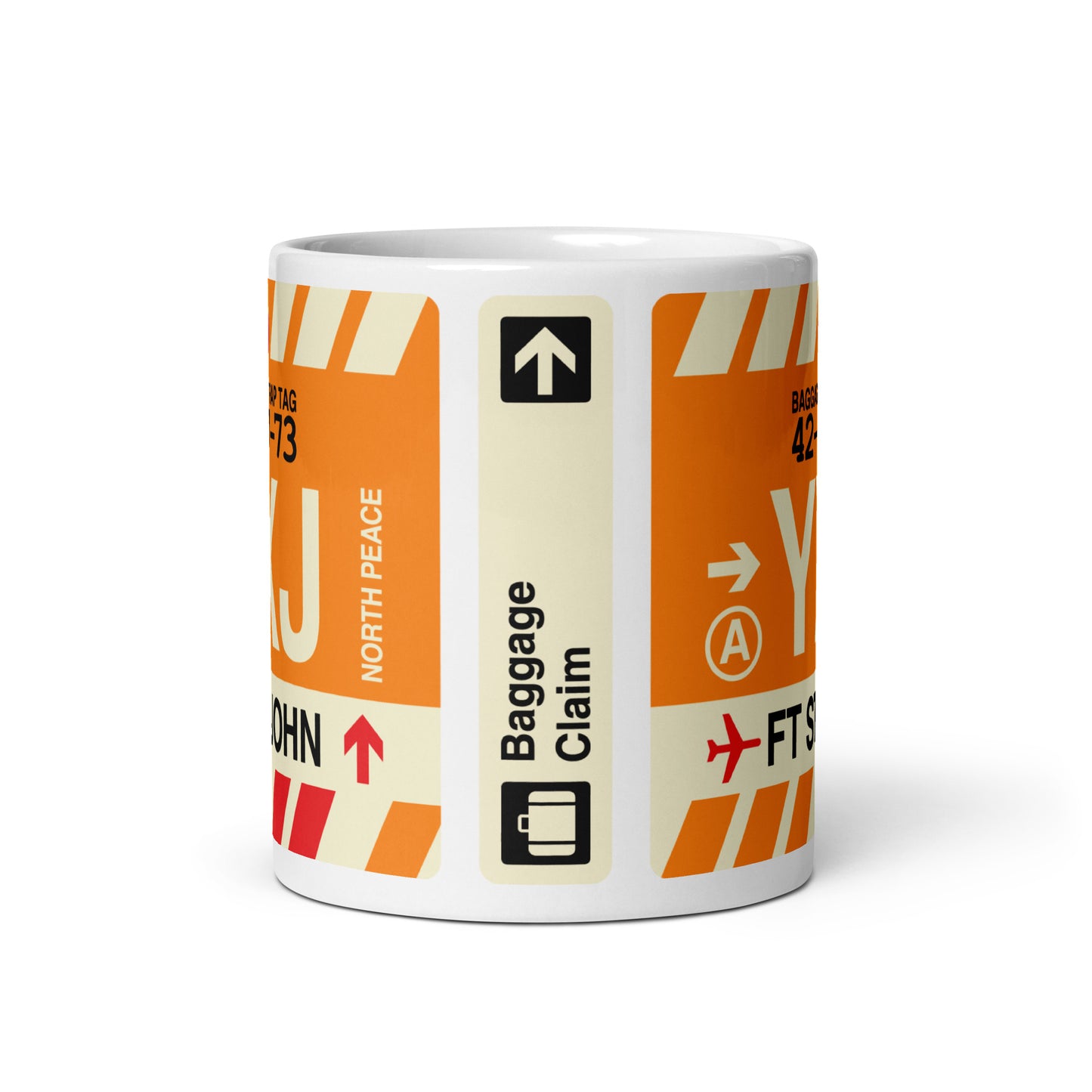 YXJ Fort St. John Coffee Mug • Jet Age Baggage Tag Design • YHM Designs - Image 03