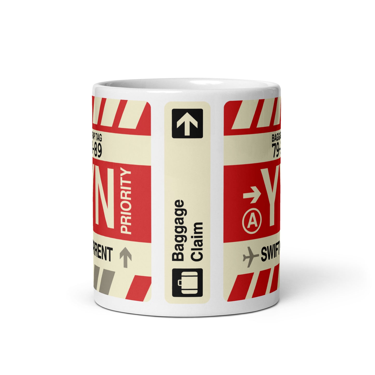 YYN Swift Current Coffee Mug • Jet Age Baggage Tag Design • YHM Designs - Image 03