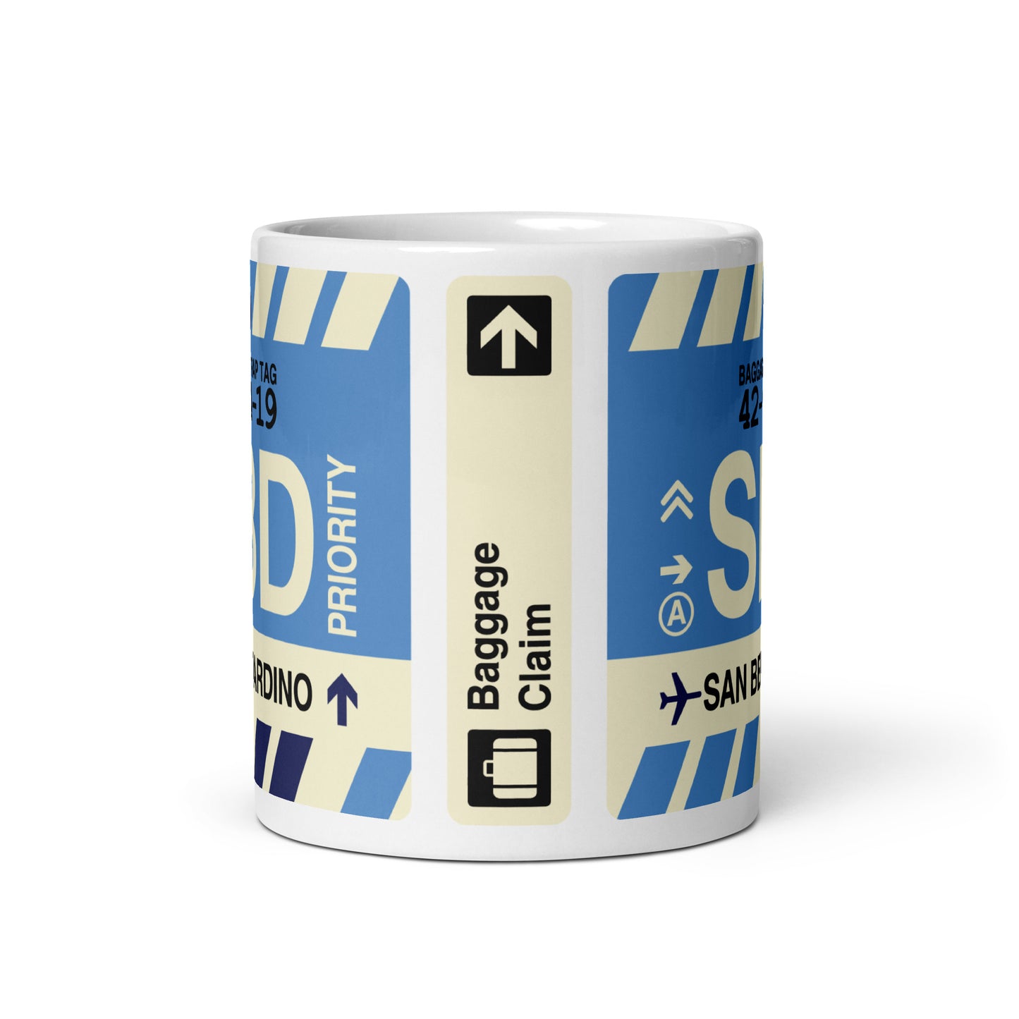 SBD San Bernardino Coffee Mug • Jet Age Baggage Tag Design • YHM Designs - Image 03