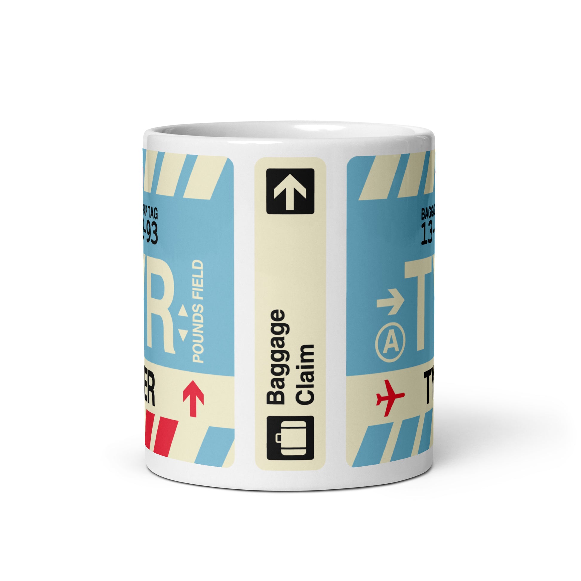 TYR Tyler Coffee Mug • Jet Age Baggage Tag Design • YHM Designs - Image 03