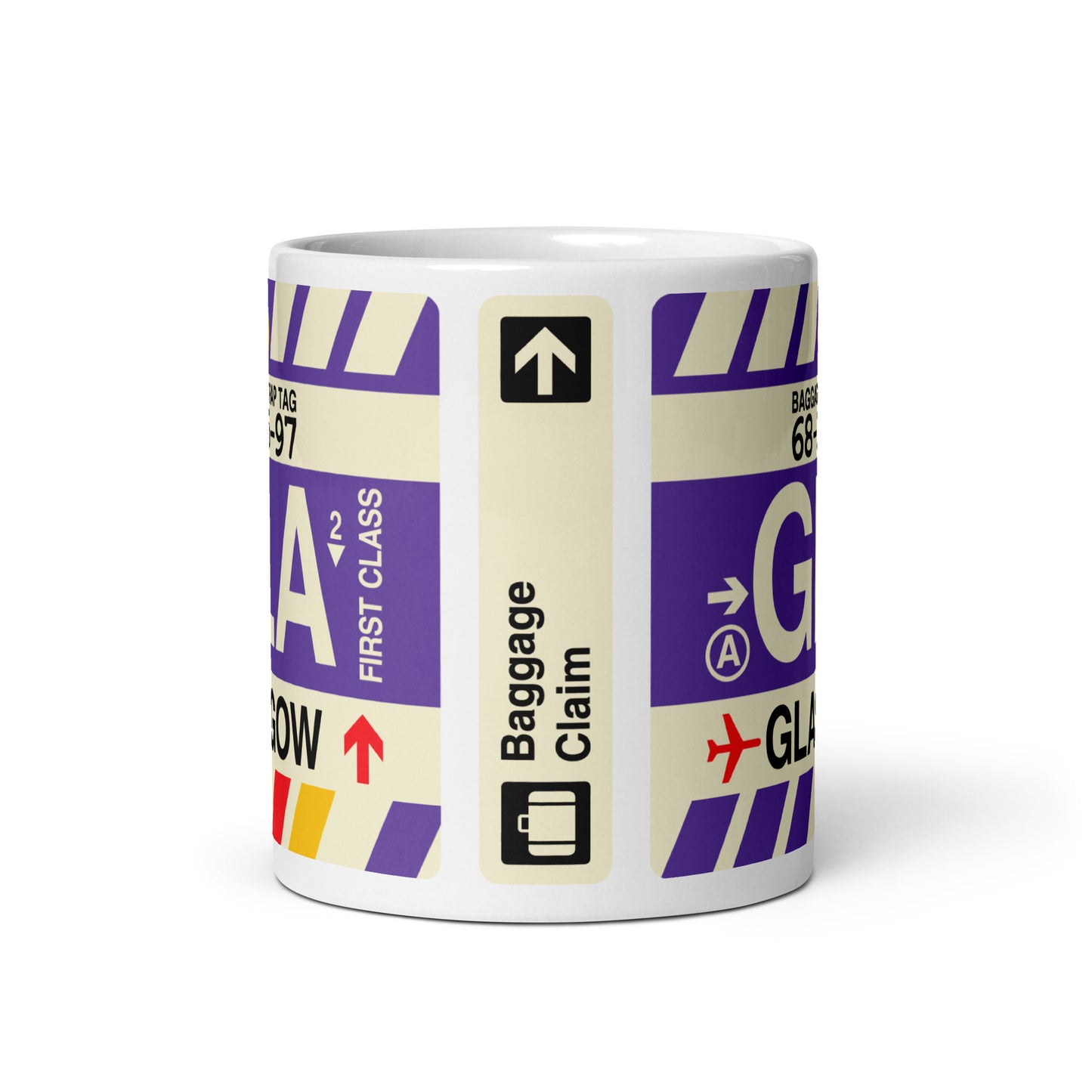 GLA Glasgow Coffee Mug • Jet Age Baggage Tag Design • YHM Designs - Image 03