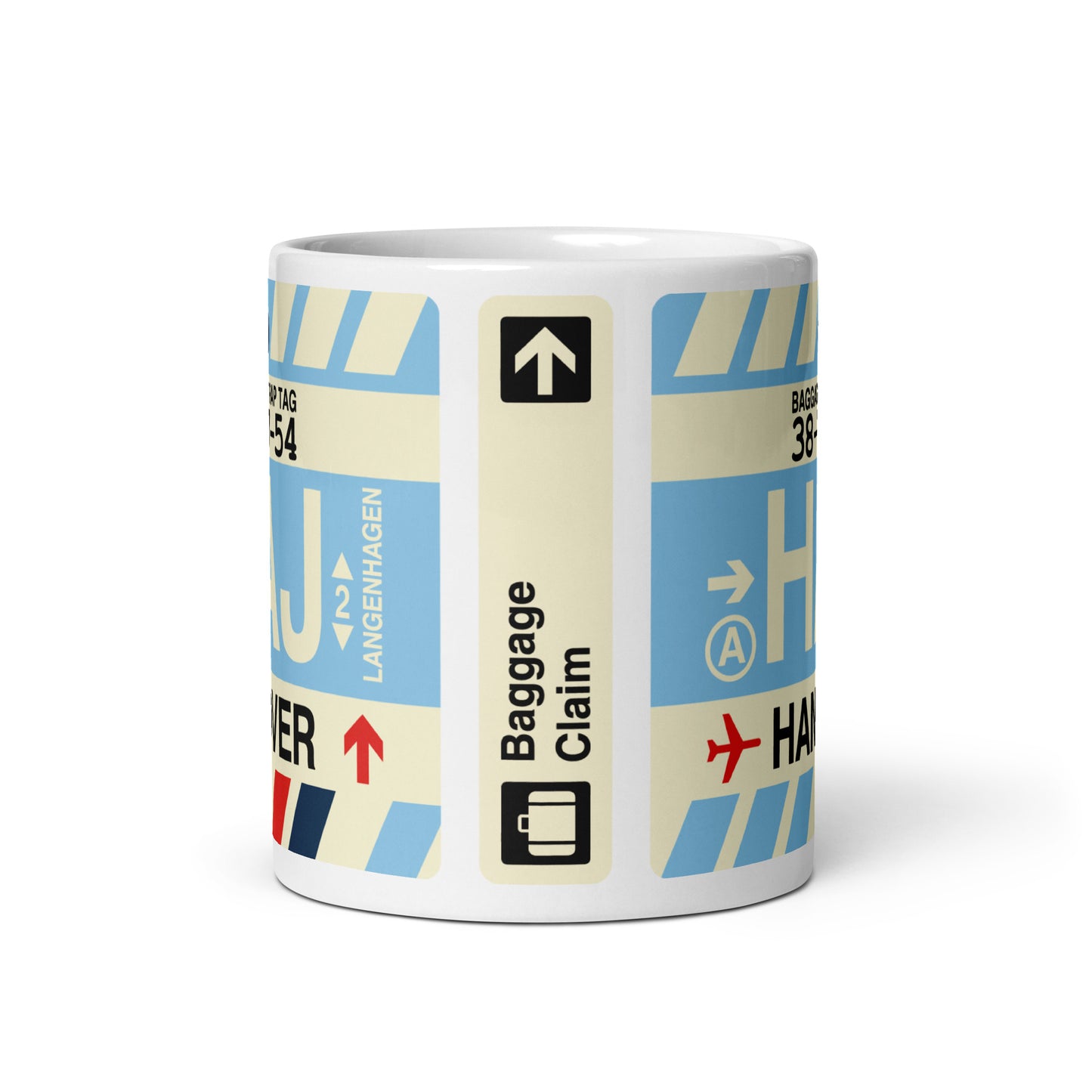 HAJ Hanover Coffee Mug • Jet Age Baggage Tag Design • YHM Designs - Image 03