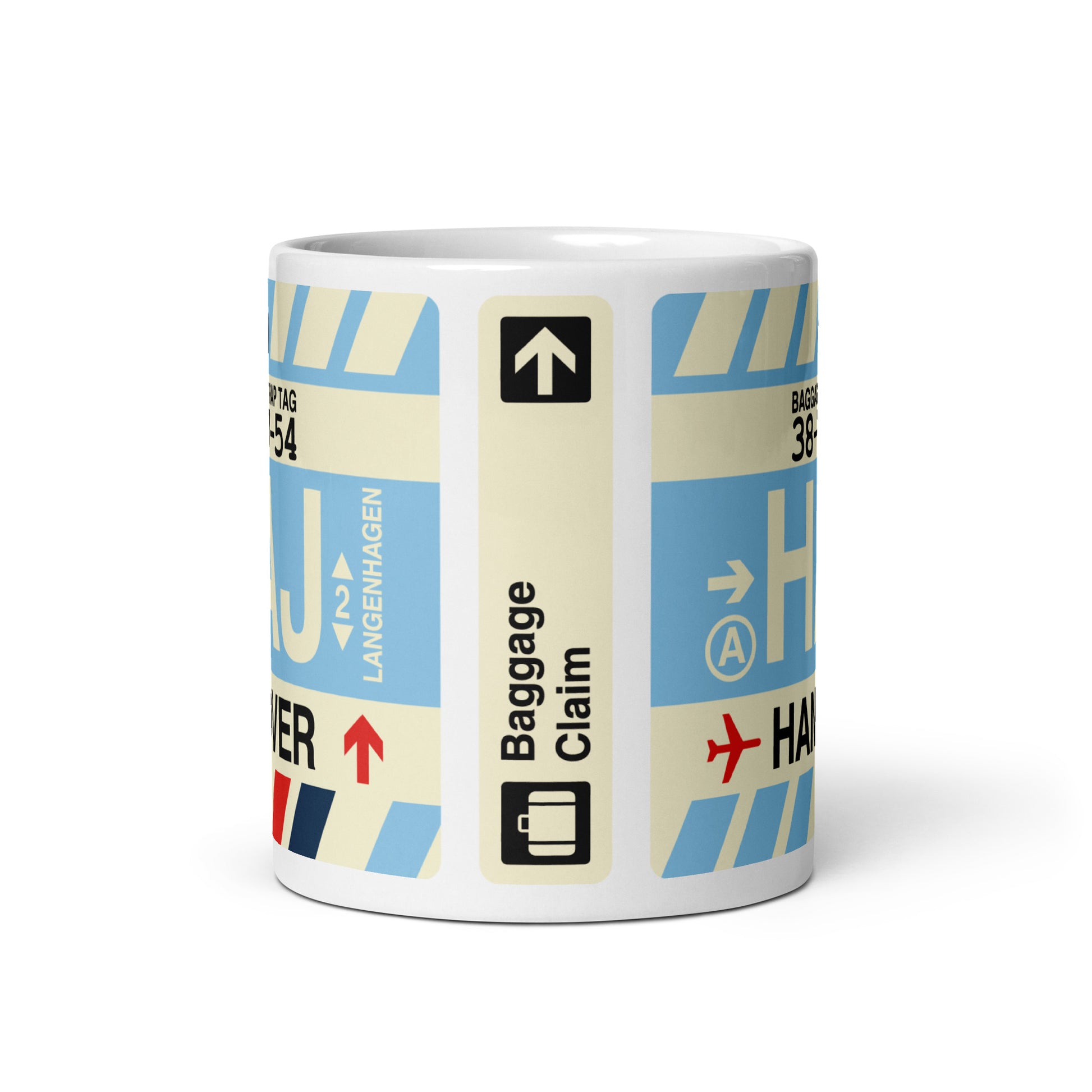 HAJ Hanover Coffee Mug • Jet Age Baggage Tag Design • YHM Designs - Image 03