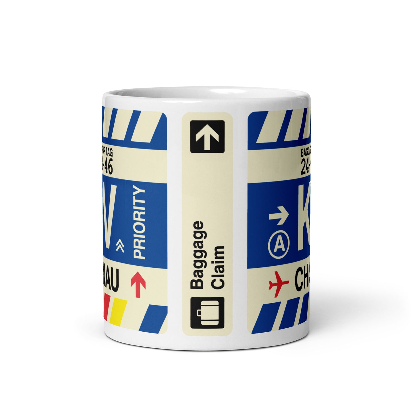 KIV Chisinau Coffee Mug • Jet Age Baggage Tag Design • YHM Designs - Image 03