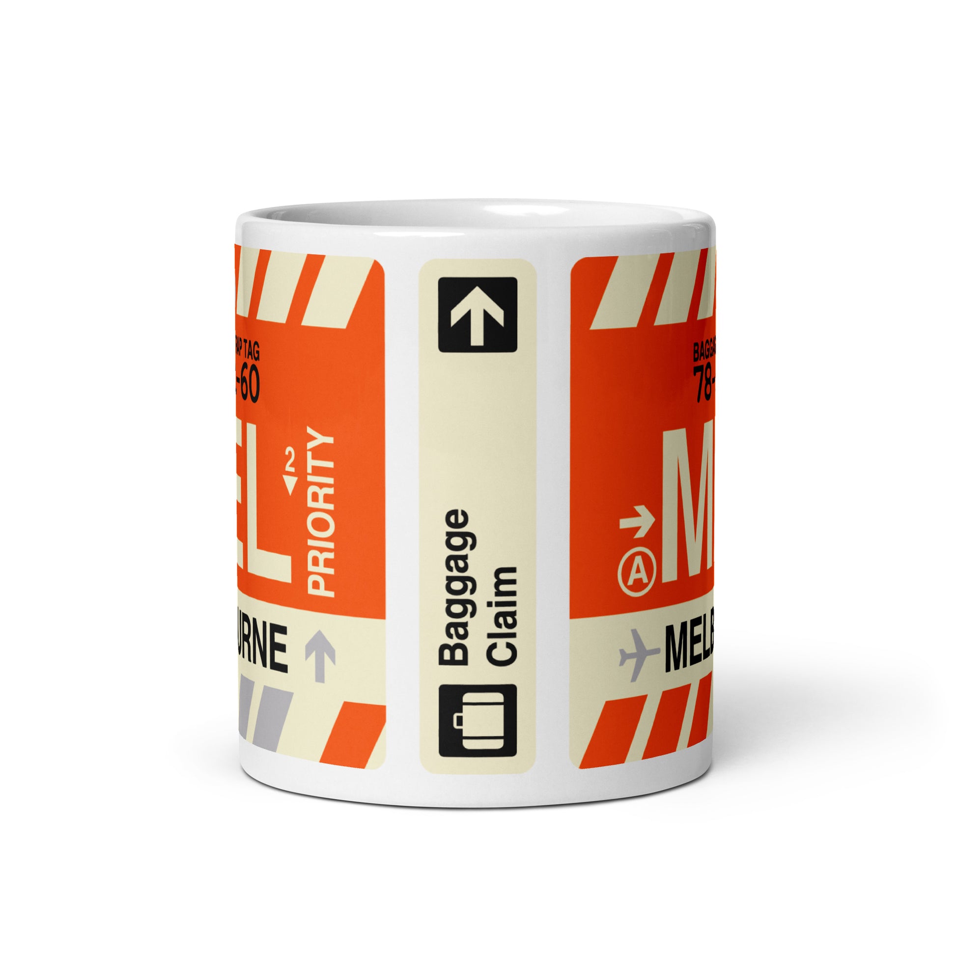 MEL Melbourne Coffee Mug • Jet Age Baggage Tag Design • YHM Designs - Image 03