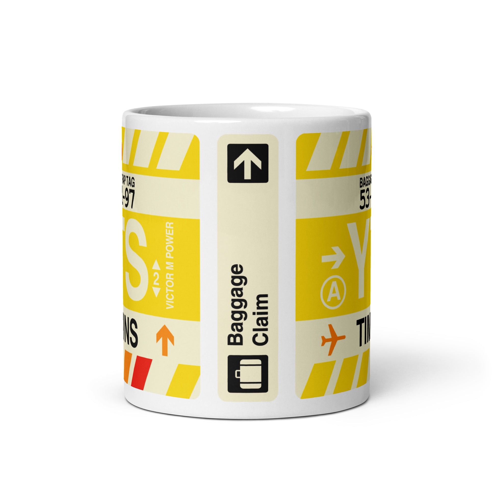 YTS Timmins Coffee Mug • Jet Age Baggage Tag Design • YHM Designs - Image 03