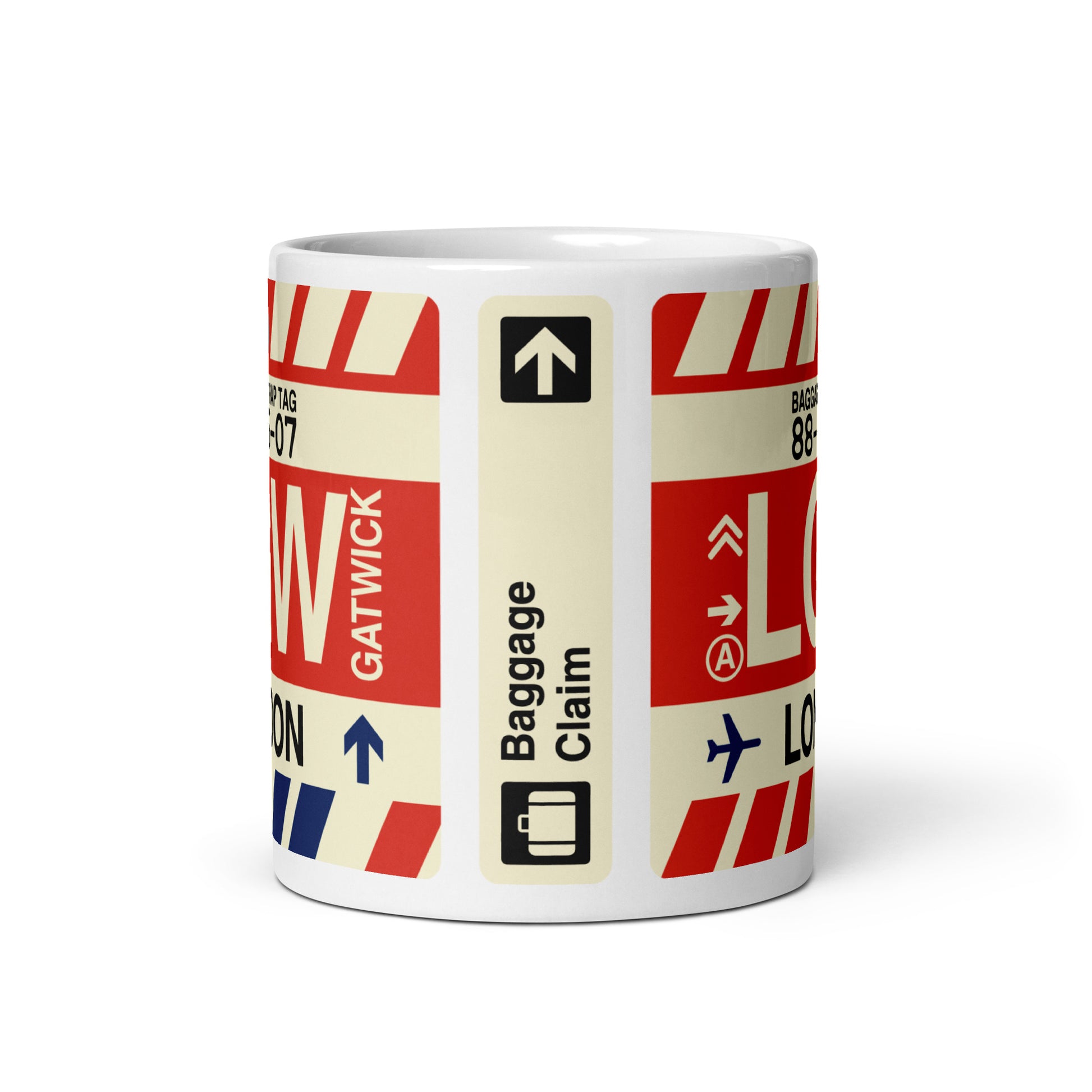 LGW London Coffee Mug • Jet Age Baggage Tag Design • YHM Designs - Image 03