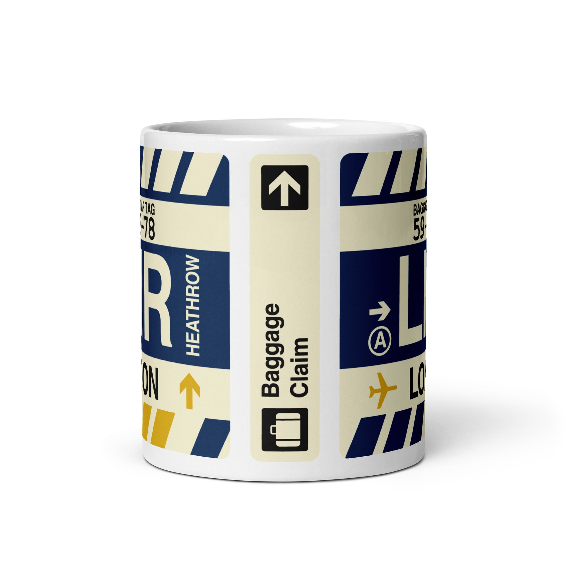 LHR London Coffee Mug • Jet Age Baggage Tag Design • YHM Designs - Image 03