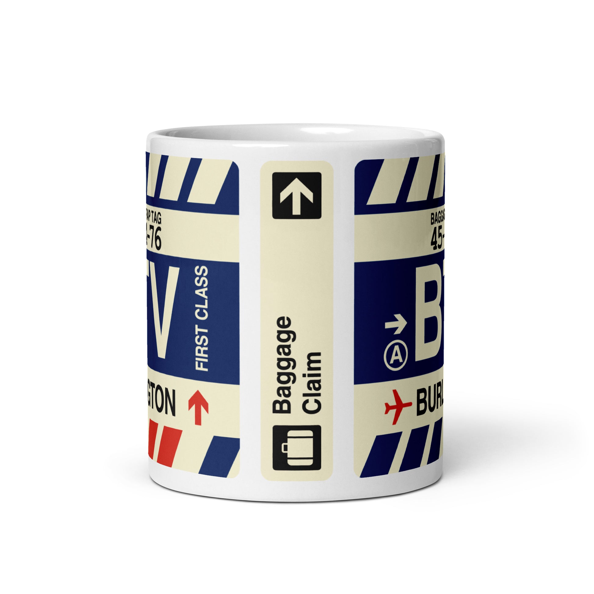 BTV Burlington Coffee Mug • Jet Age Baggage Tag Design • YHM Designs - Image 03