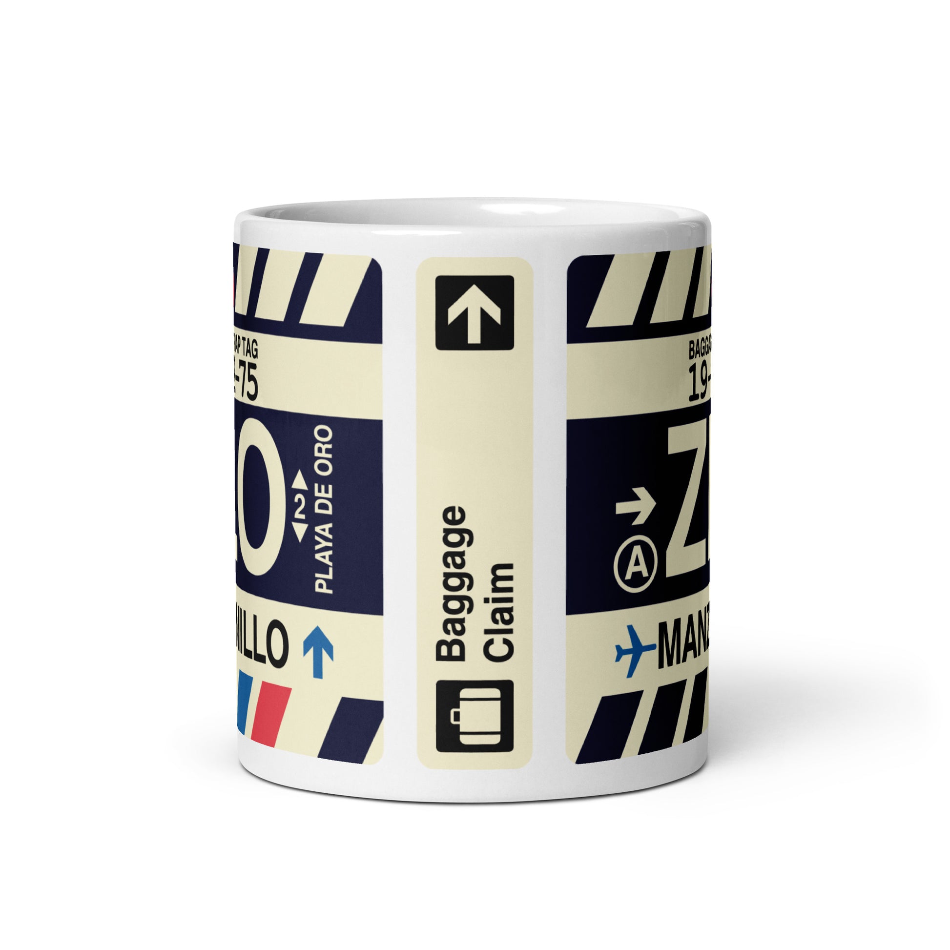 ZLO Manzanillo Coffee Mug • Jet Age Baggage Tag Design • YHM Designs - Image 02