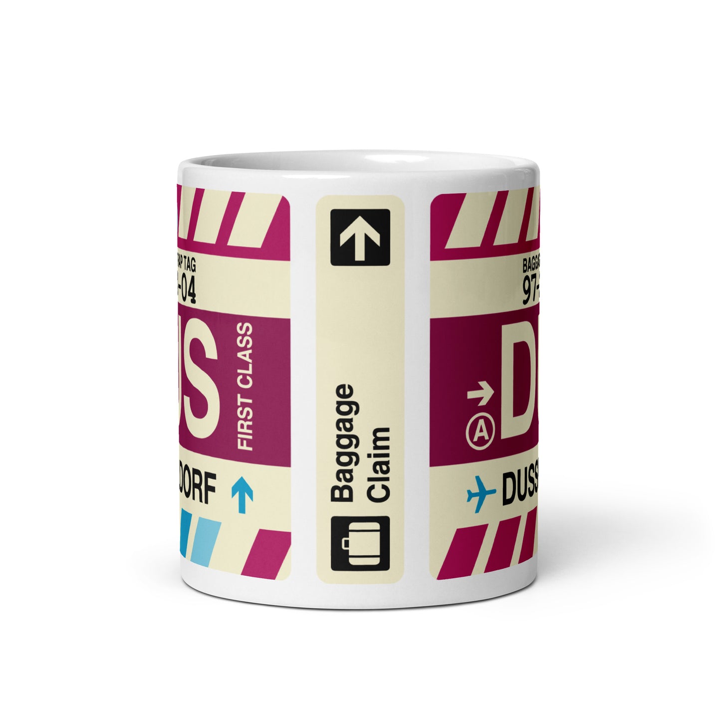 DUS Dusseldorf Coffee Mug • Jet Age Baggage Tag Design • YHM Designs - Image 03