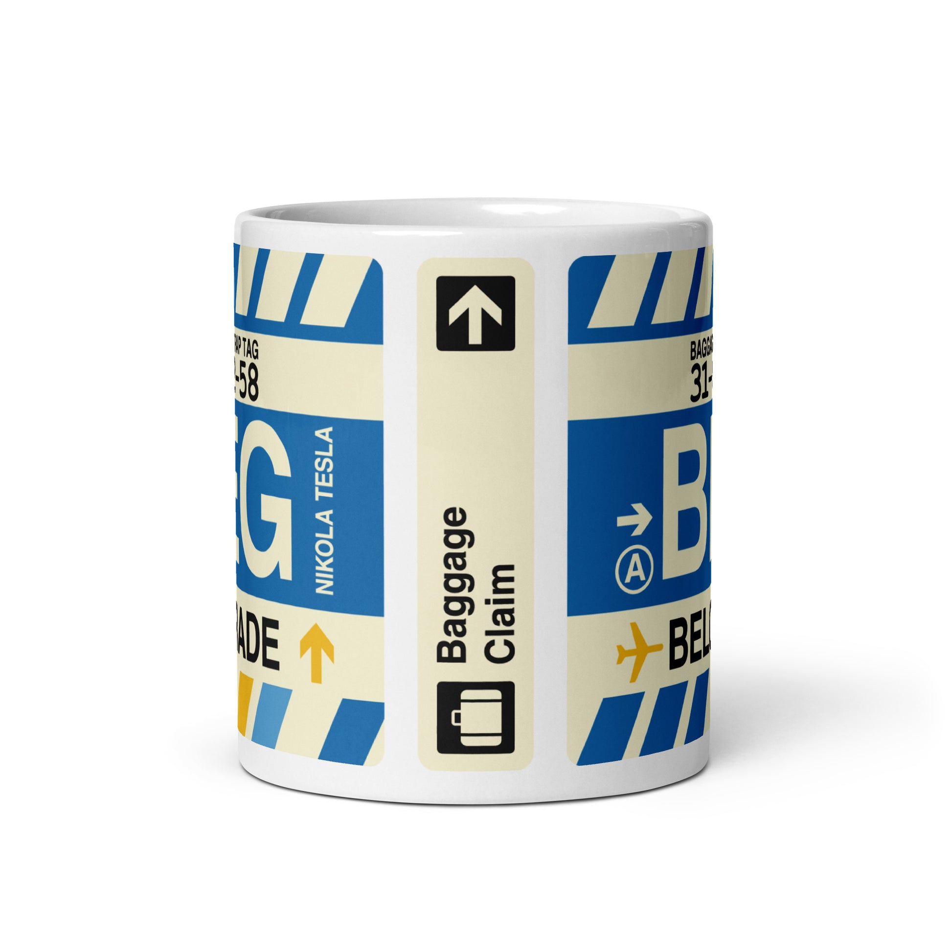 BEG Belgrade Coffee Mug • Jet Age Baggage Tag Design • YHM Designs - Image 03