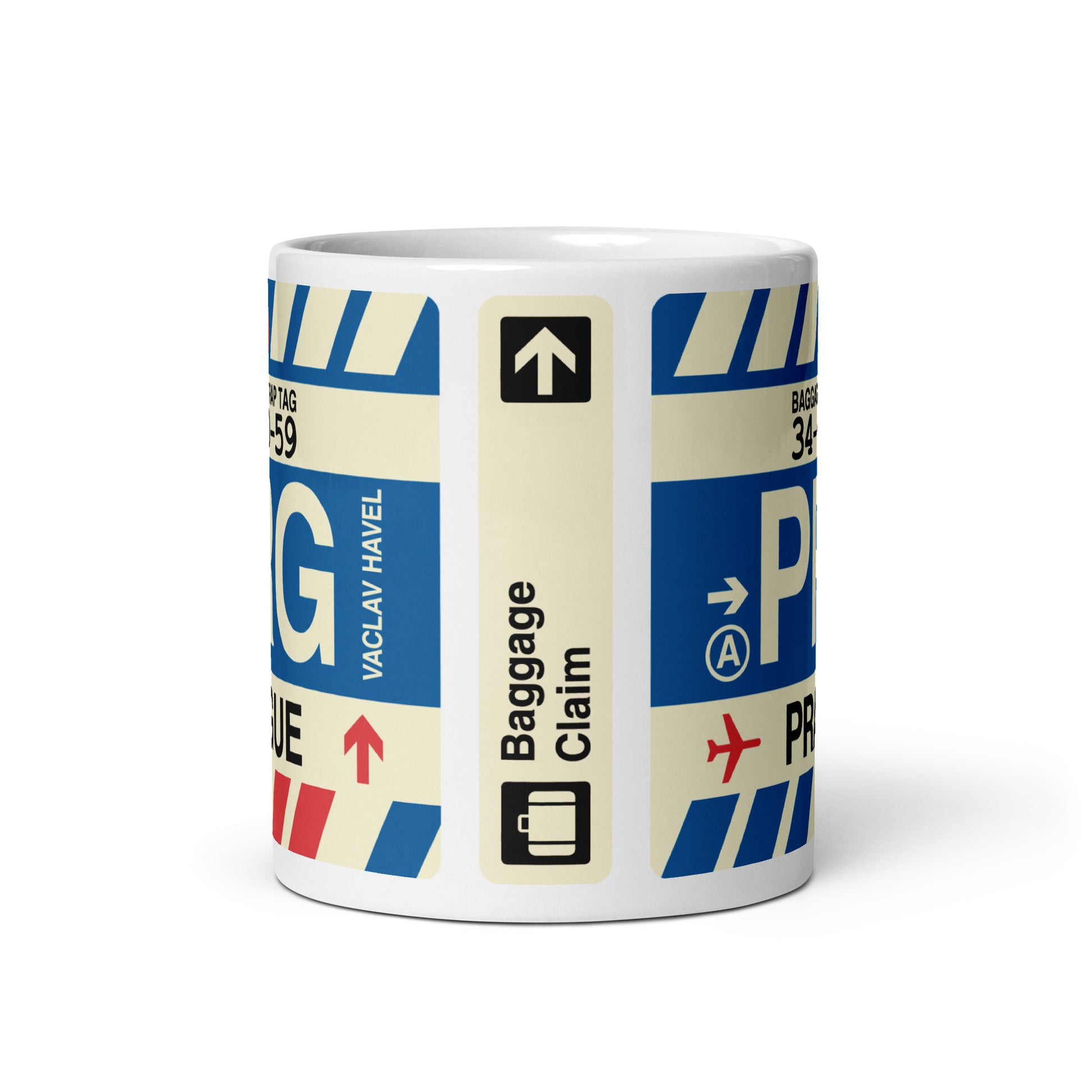 PRG Prague Coffee Mug • Jet Age Baggage Tag Design • YHM Designs - Image 03