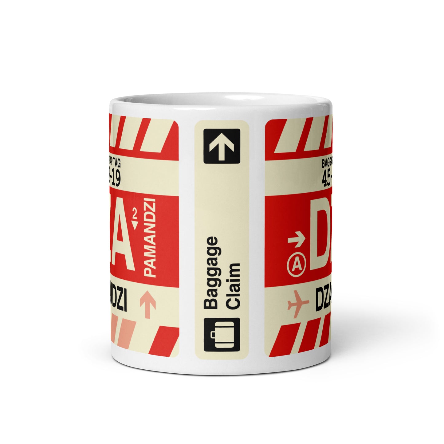 DZA Dzaoudzi Coffee Mug • Jet Age Baggage Tag Design • YHM Designs - Image 03