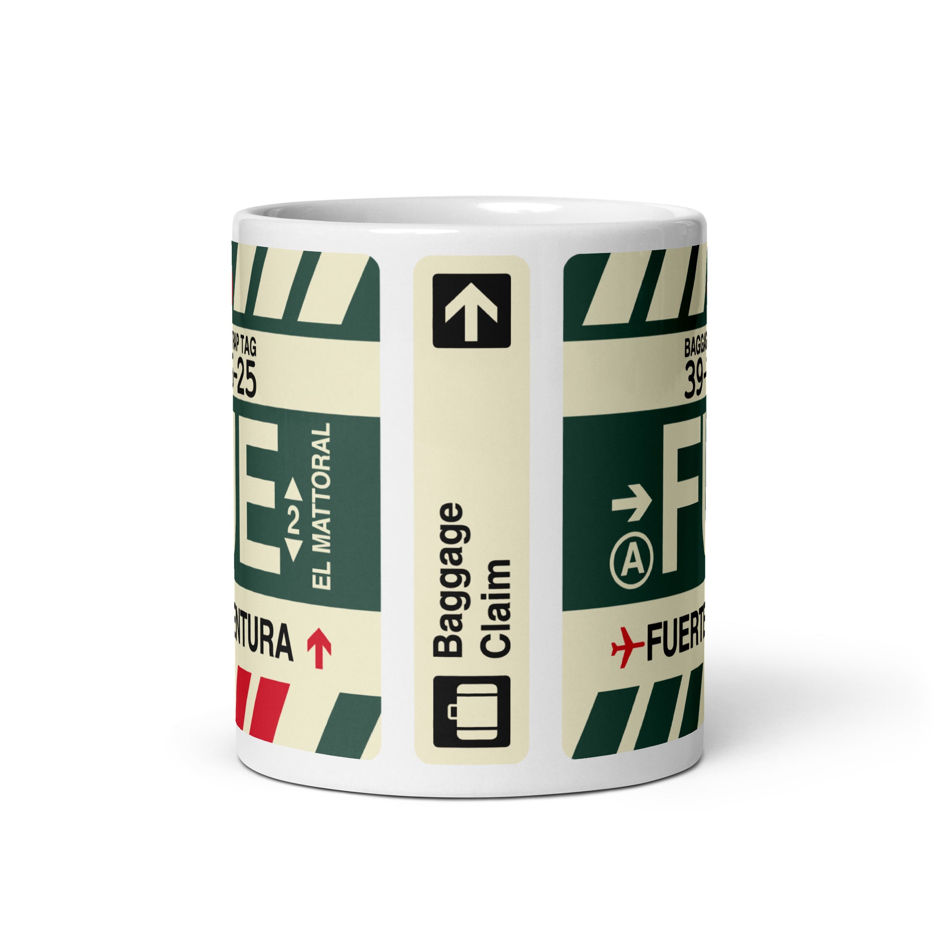 FUE Fuerteventura Coffee Mug • Jet Age Baggage Tag Design • YHM Designs - Image 03