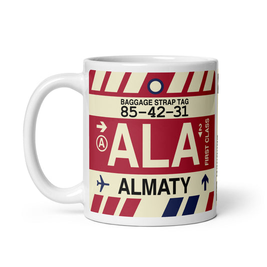 ALA Almaty Coffee Mug • Jet Age Baggage Tag Design • YHM Designs - Image 02