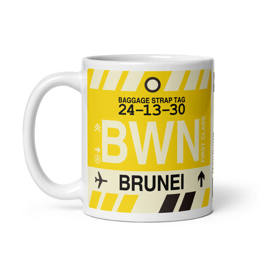BWN Brunei Coffee Mug • Jet Age Baggage Tag Design • YHM Designs - Image 02