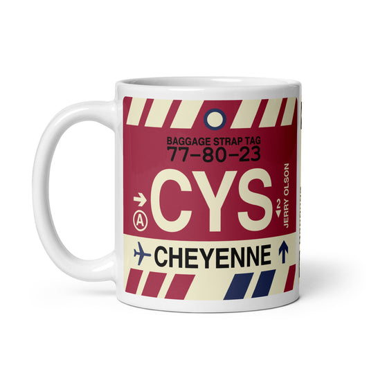 CYS Cheyenne Coffee Mug • Jet Age Baggage Tag Design • YHM Designs - Image 02