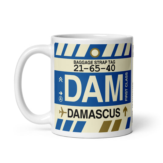 DAM Damascus Coffee Mug • Jet Age Baggage Tag Design • YHM Designs - Image 02