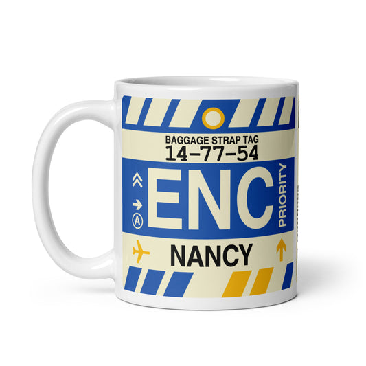 ENC Nancy Coffee Mug • Jet Age Baggage Tag Design • YHM Designs - Image 02