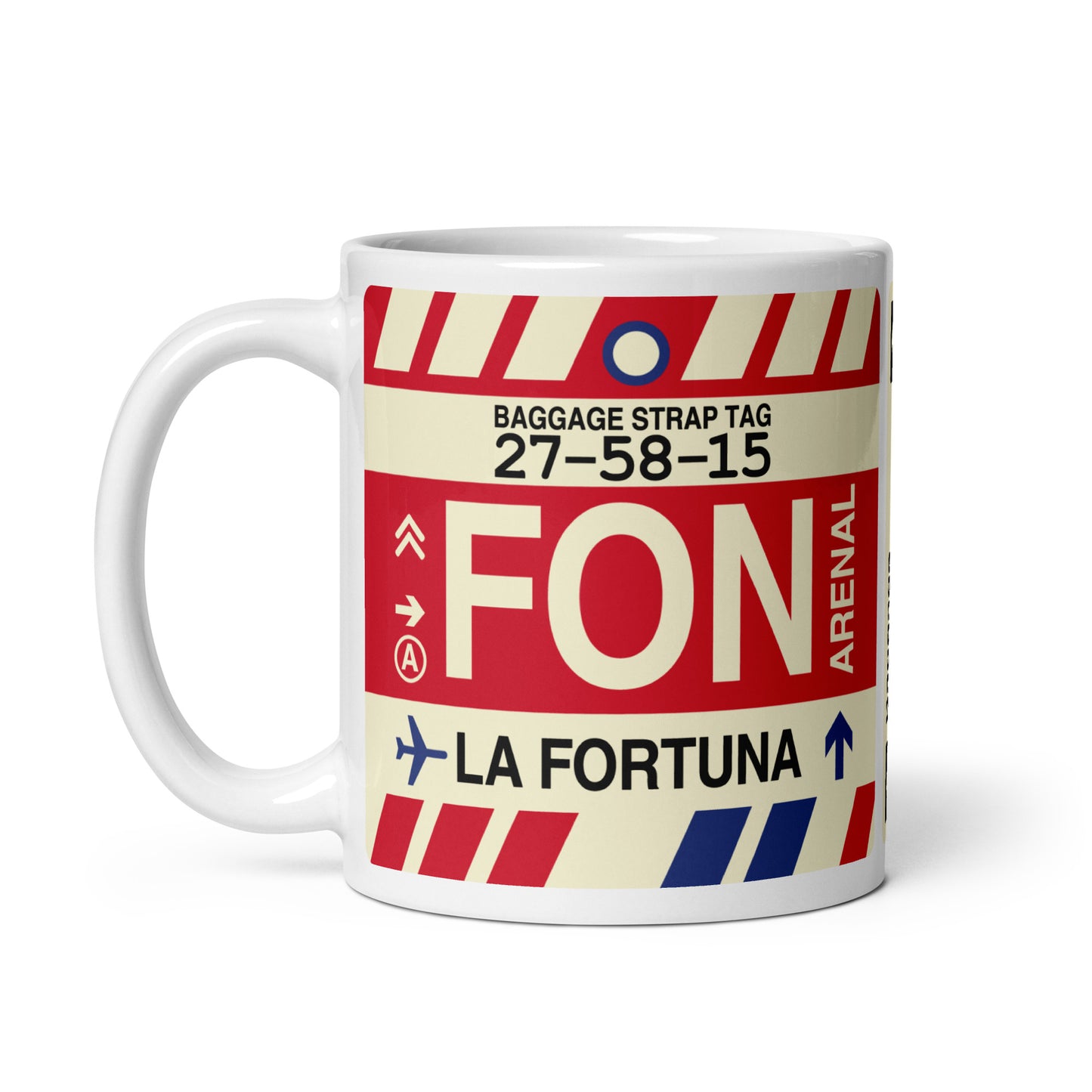 FON La Fortuna Coffee Mug • Jet Age Baggage Tag Design • YHM Designs - Image 02