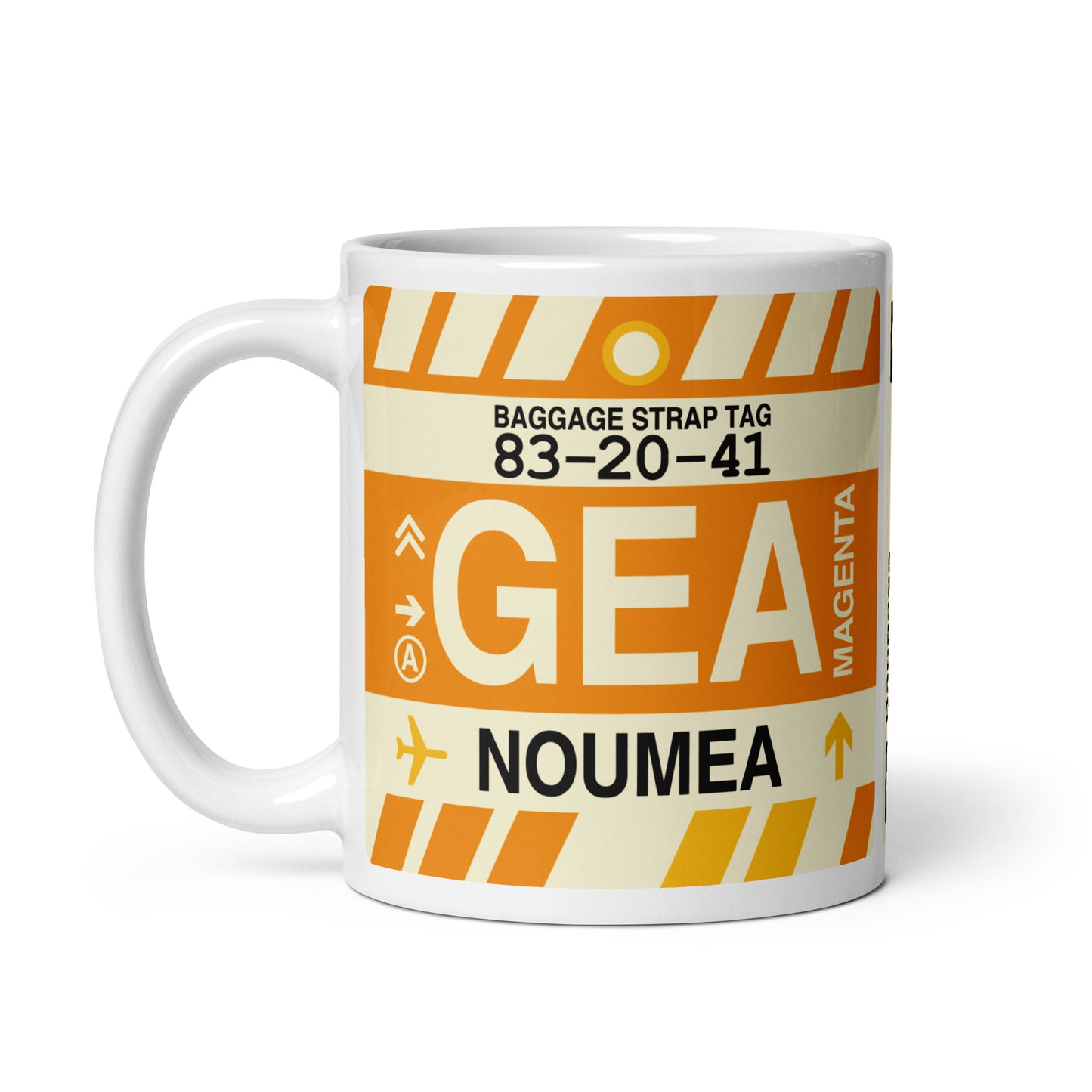 GEA Nouméa Coffee Mug • Jet Age Baggage Tag Design • YHM Designs - Image 02