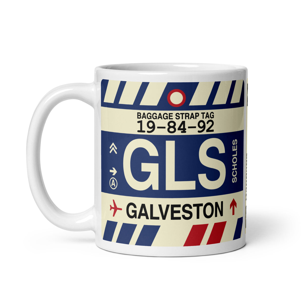 GLS Galveston Coffee Mug • Jet Age Baggage Tag Design • YHM Designs - Image 02