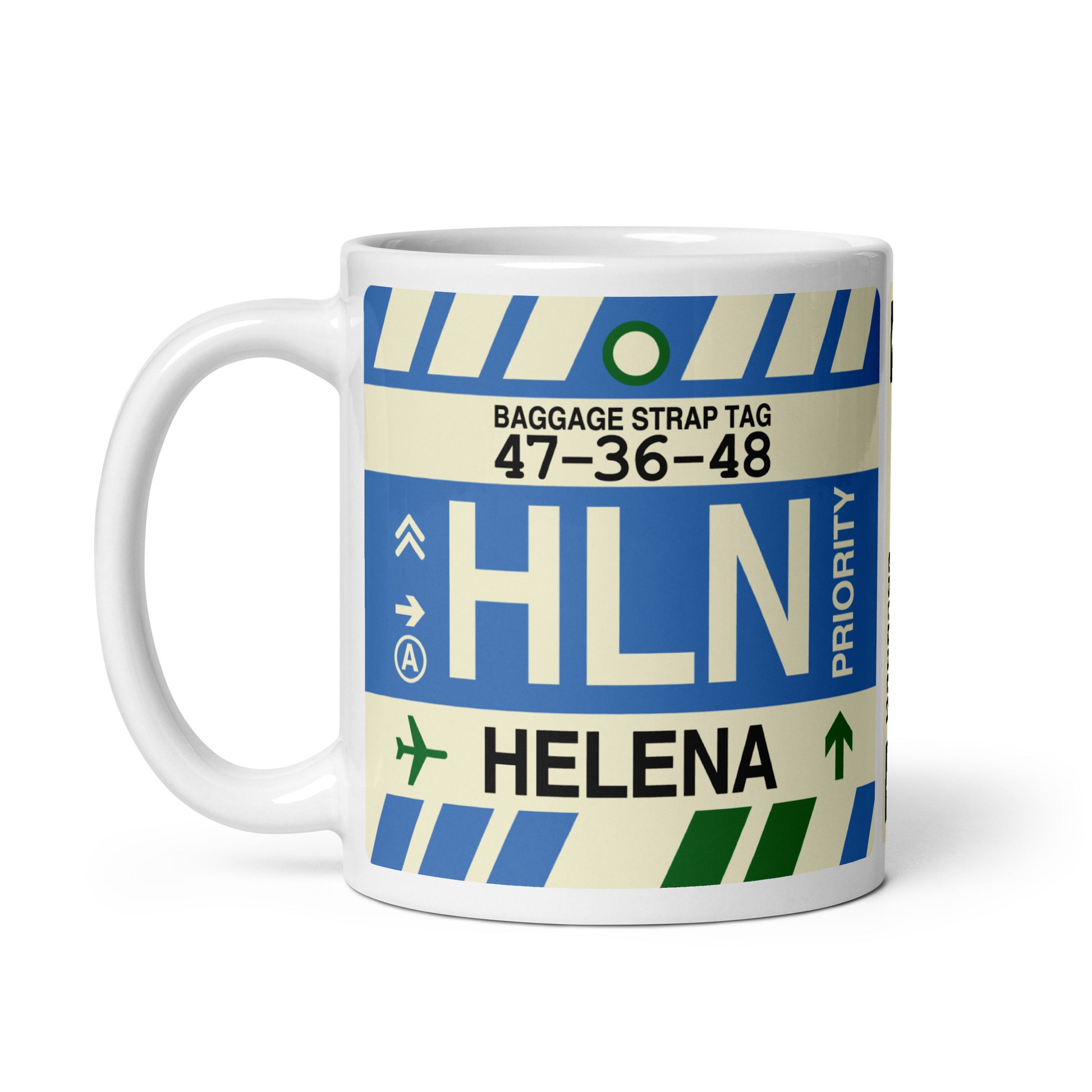 HLN Helena Coffee Mug • Jet Age Baggage Tag Design • YHM Designs - Image 02