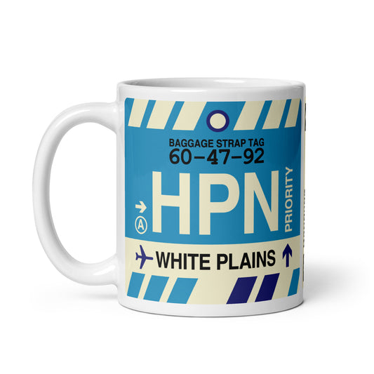 HPN White Plains Coffee Mug • Jet Age Baggage Tag Design • YHM Designs - Image 02