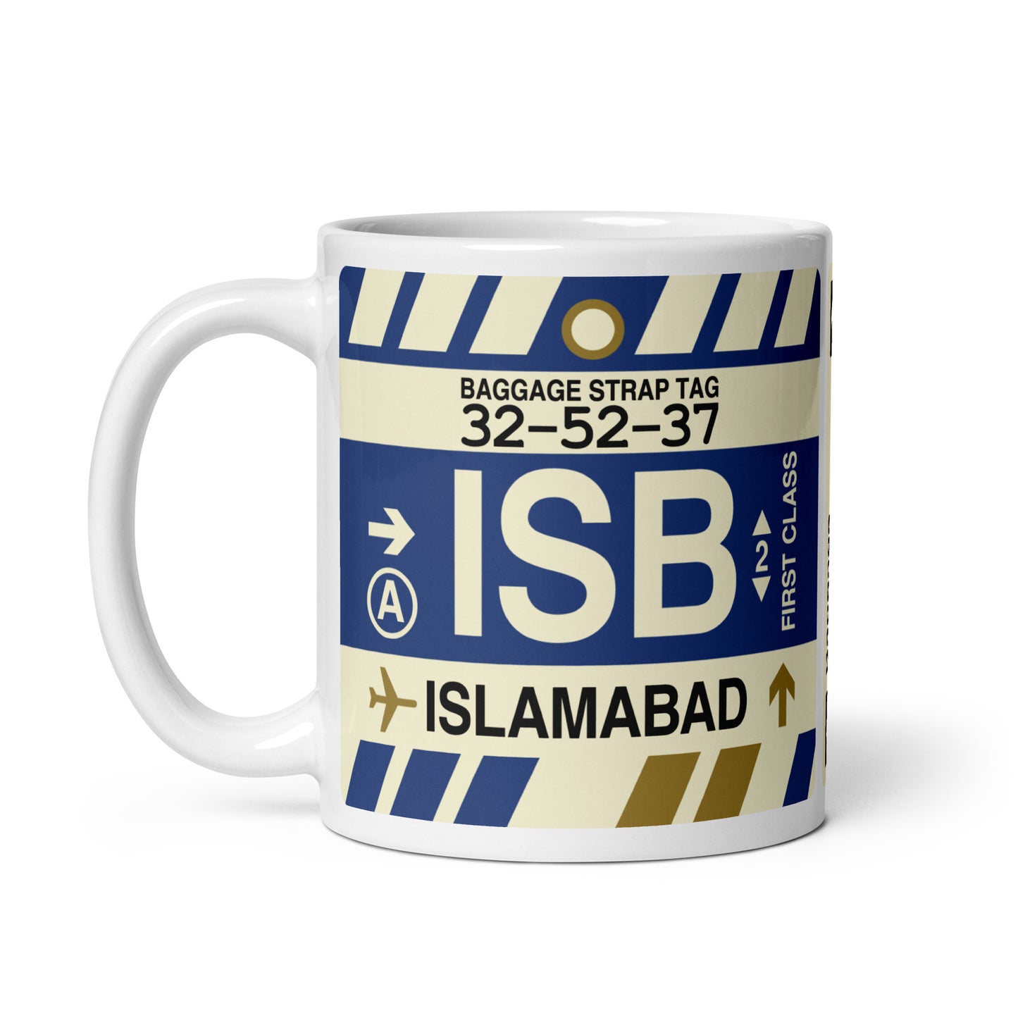 ISB Islamabad Coffee Mug • Jet Age Baggage Tag Design • YHM Designs - Image 02