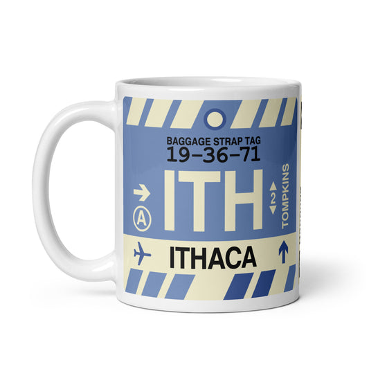 ITH Ithaca Coffee Mug • Jet Age Baggage Tag Design • YHM Designs - Image 02