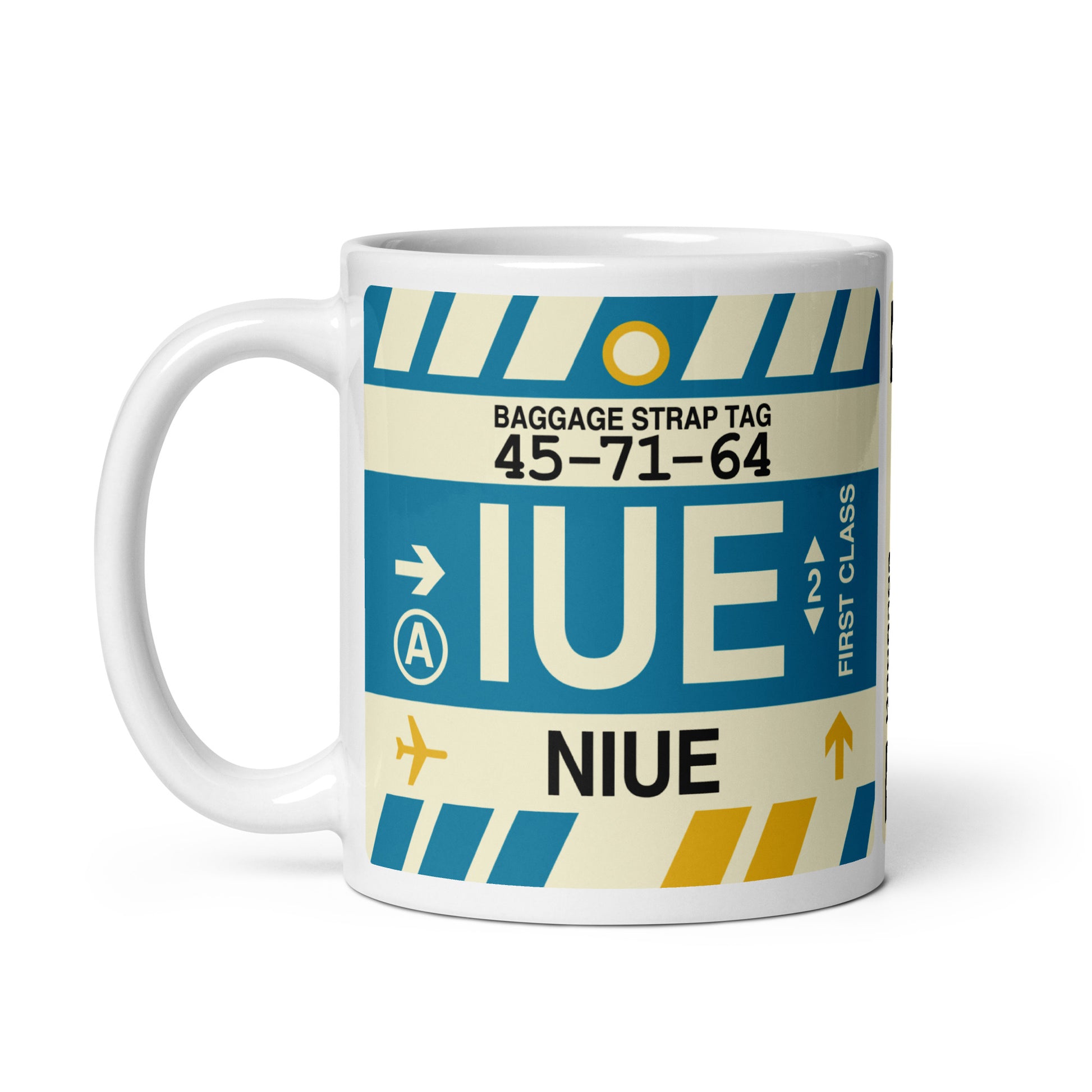 IUE Niue Coffee Mug • Jet Age Baggage Tag Design • YHM Designs - Image 02