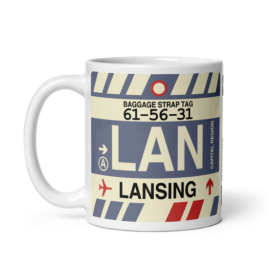 LAN Lansing Coffee Mug • Jet Age Baggage Tag Design • YHM Designs - Image 02
