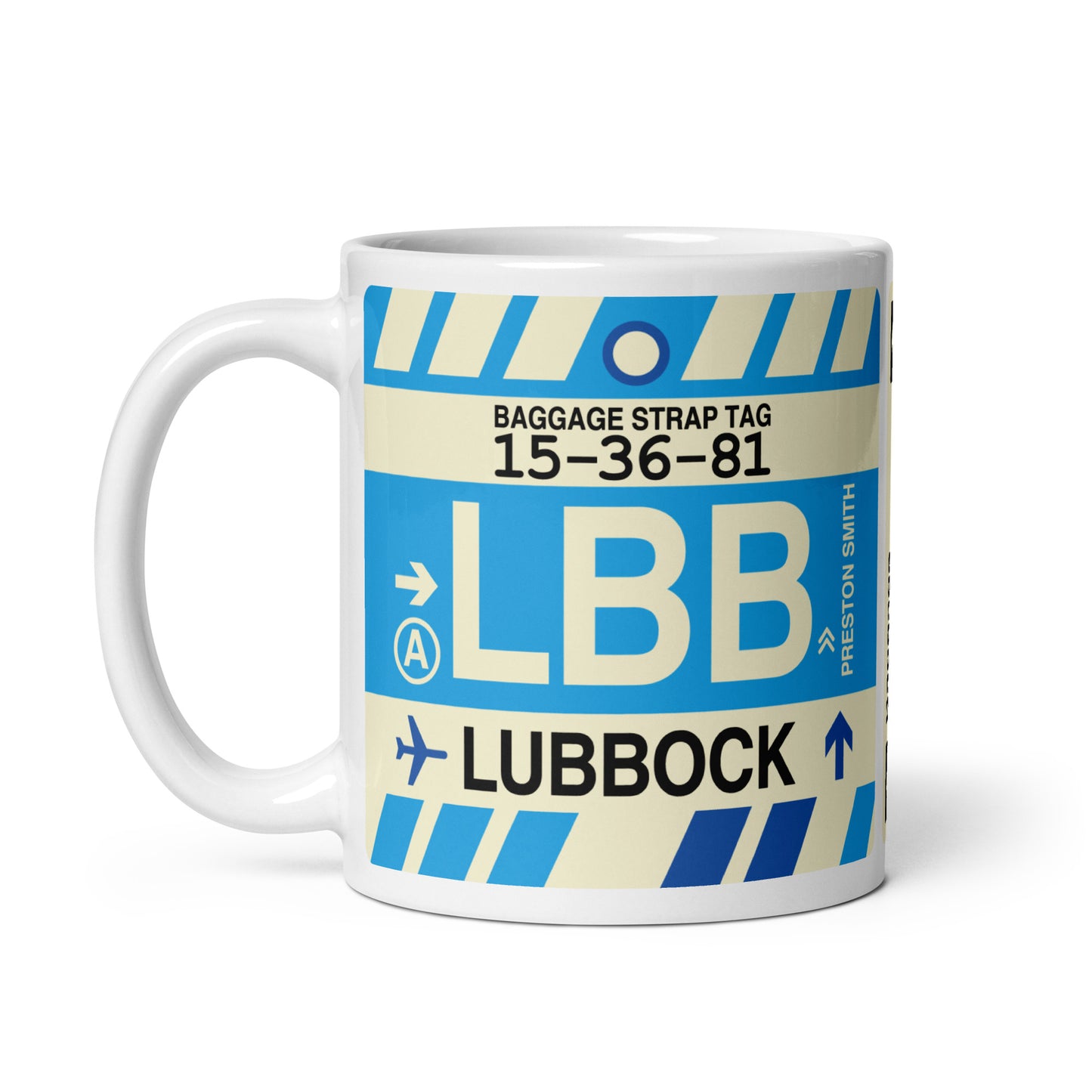LBB Lubbock Coffee Mug • Jet Age Baggage Tag Design • YHM Designs - Image 02