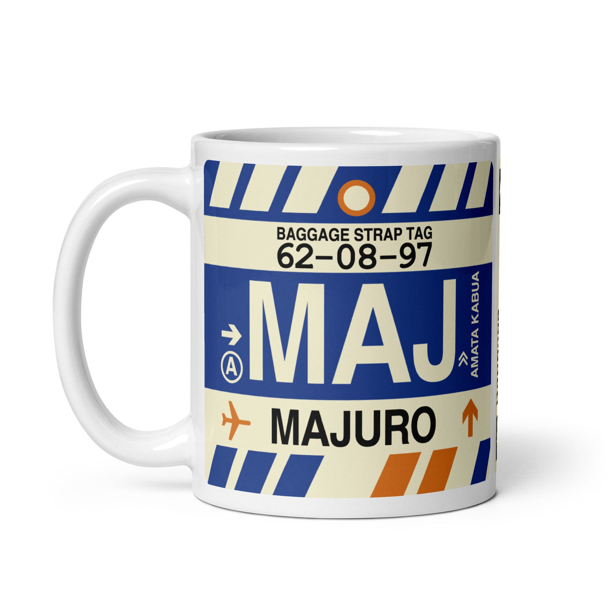 MAJ Majuro Coffee Mug • Jet Age Baggage Tag Design • YHM Designs - Image 02