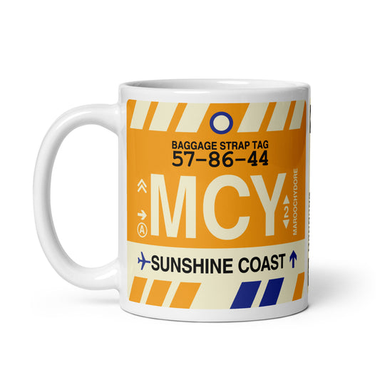 MCY Sunshine Coast Coffee Mug • Jet Age Baggage Tag Design • YHM Designs - Image 02