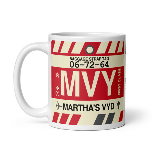 MVY Martha's Vineyard Coffee Mug • Jet Age Baggage Tag Design • YHM Designs - Image 02