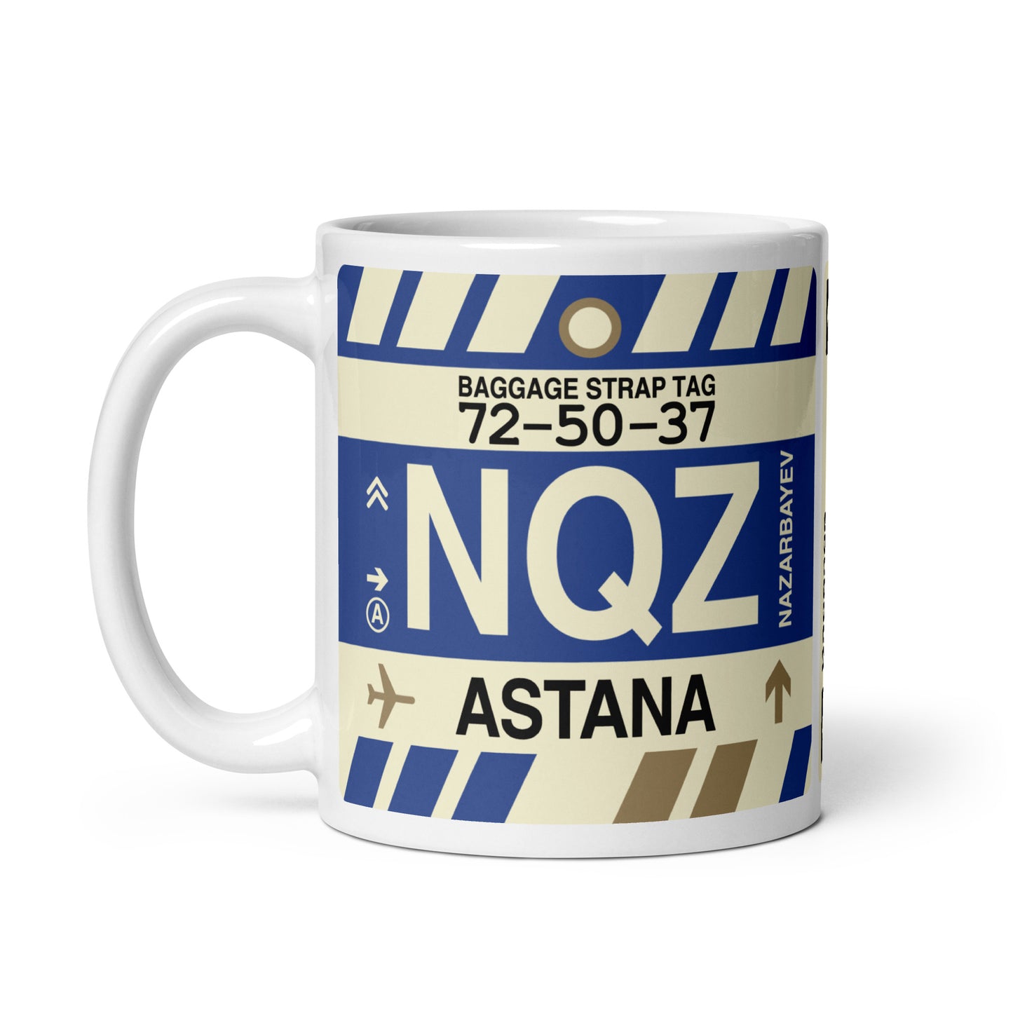 NQZ Astana Coffee Mug • Jet Age Baggage Tag Design • YHM Designs - Image 02