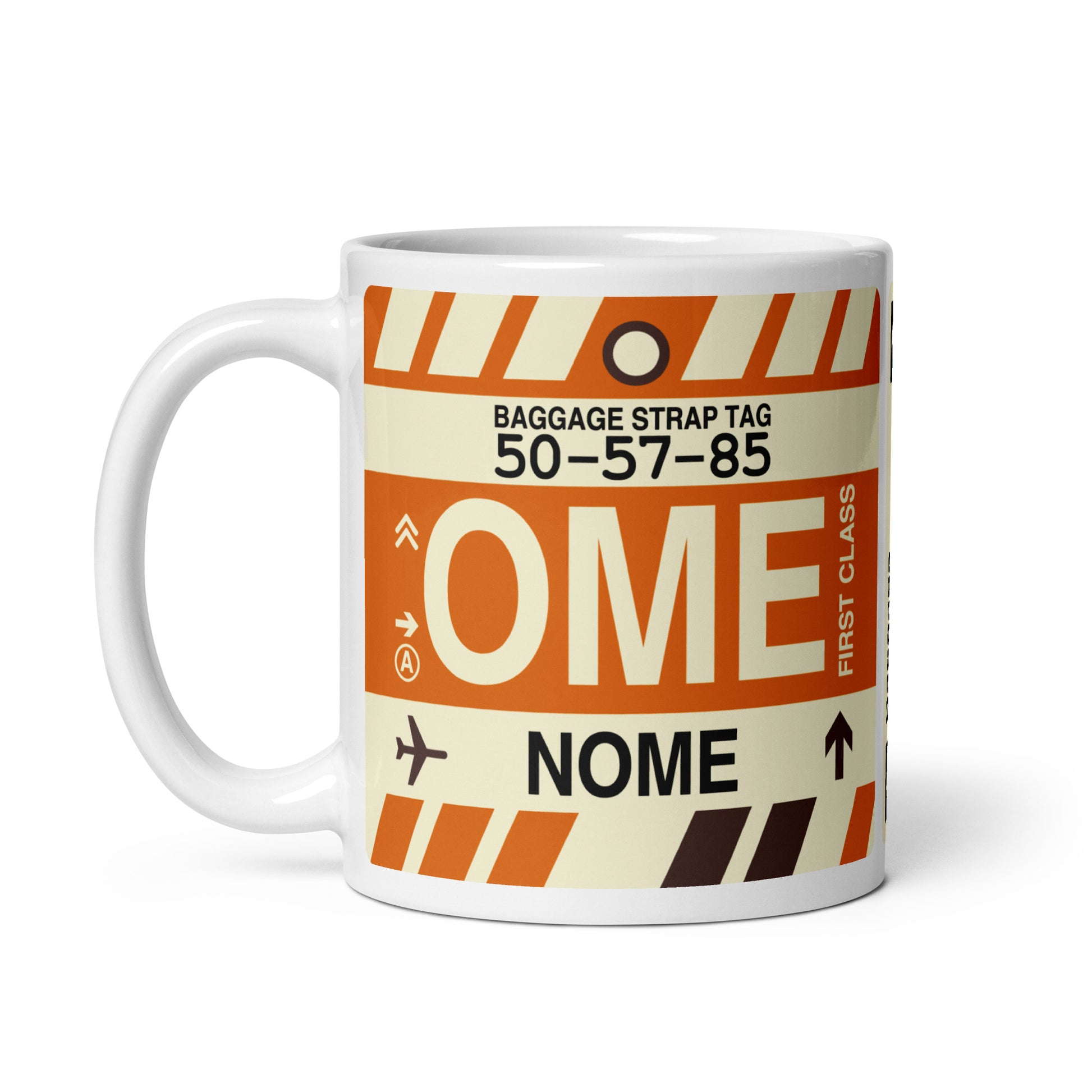 OME Nome Coffee Mug • Jet Age Baggage Tag Design • YHM Designs - Image 02