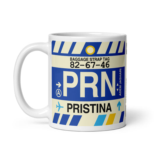 PRN Pristina Coffee Mug • Jet Age Baggage Tag Design • YHM Designs - Image 02
