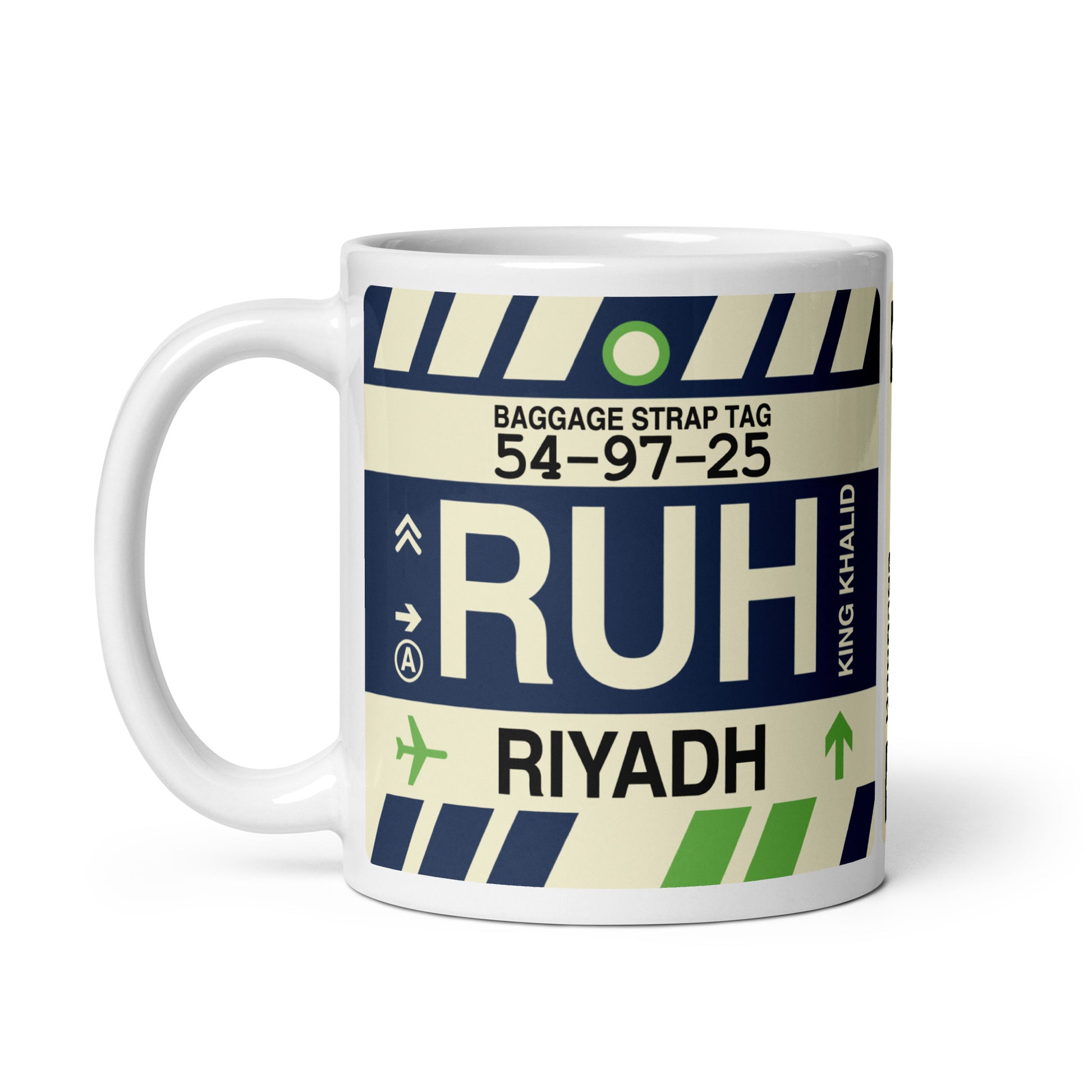 RUH Riyadh Coffee Mug • Jet Age Baggage Tag Design • YHM Designs - Image 02