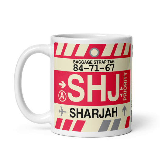 SHJ Sharjah Coffee Mug • Jet Age Baggage Tag Design • YHM Designs - Image 02